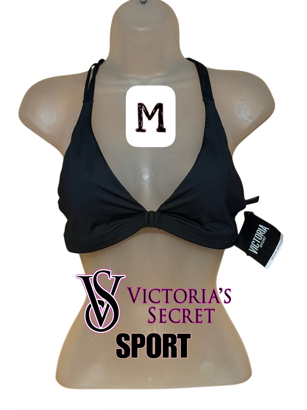 Victoria's Secret SPORT Black Front Close Strappy Racerback Sports Bra M NWT